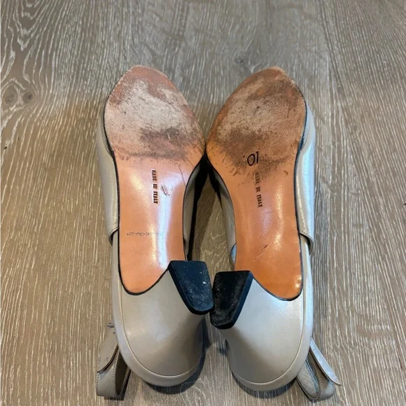 Salvatore Ferragamo Taupe Leather Slingback Mules with Silver Cap Toe - Picture 4 of 7